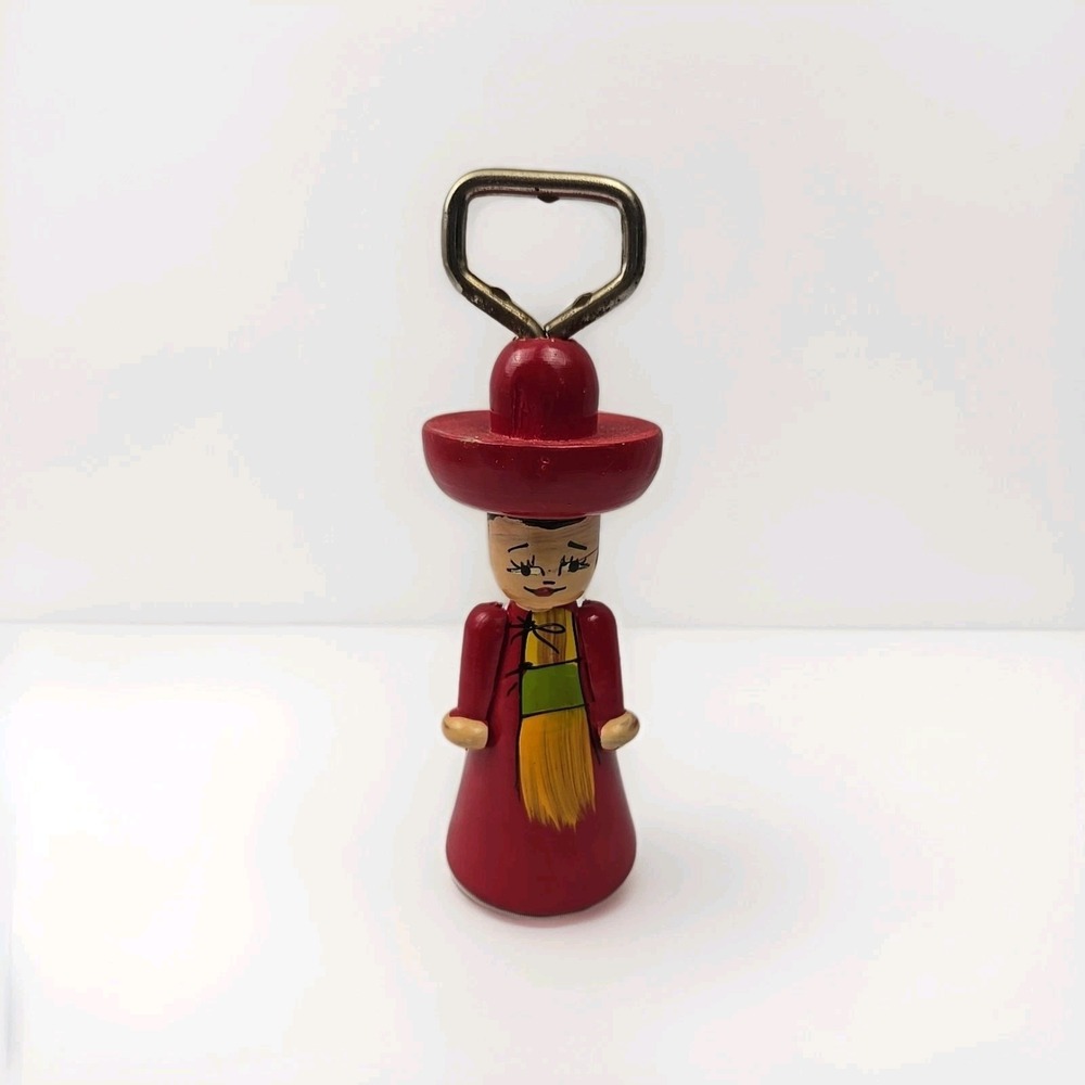 Vintage Wooden Bottle Opener Folk Art Lady Red Dress Hand Painted Bar Decor‎ 6"